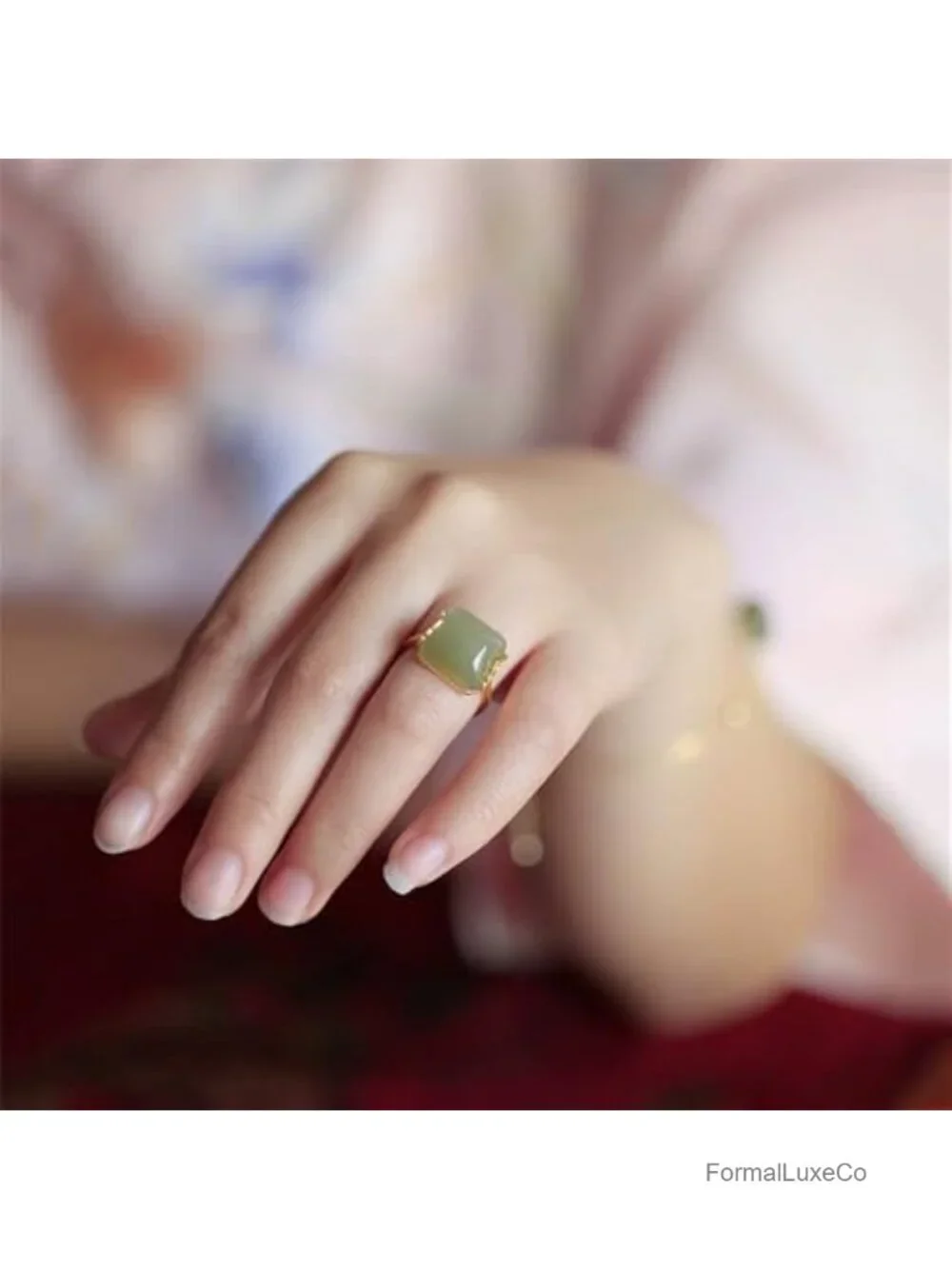 Handmade Green Jade Ring Adjustable Copper Band Vintage Style Statement Jewelry